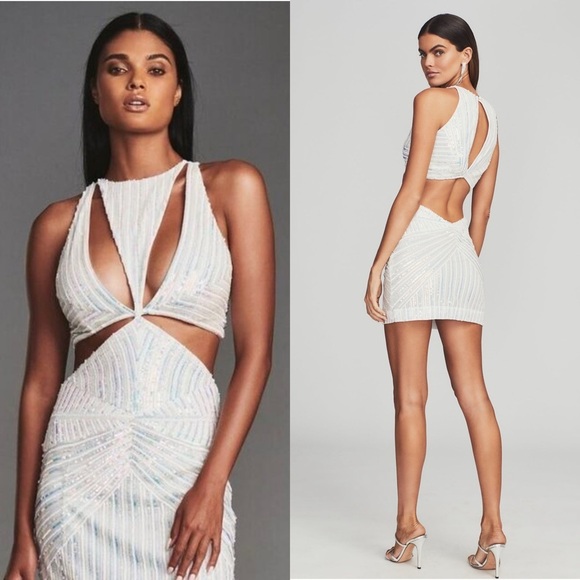 NWT RETROFETE Hand Stitched Iridescent Sequin Geo Cutout Sleeveless Mini Dress M - Picture 2 of 8